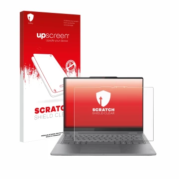 Face avant d’un emballage produit avec le logo de la marque upscreen. À côté, l’appareil Lenovo Yoga 7i 2-in-1 Gen 10 14