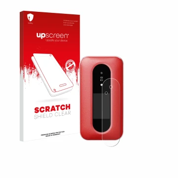 Face avant d’un emballage produit avec le logo de la marque upscreen. À côté, l’appareil Doro Leva L30 (Affichage externe) est