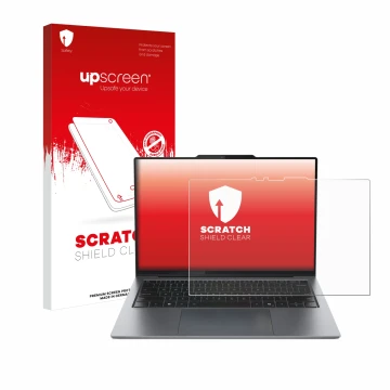 Face avant d’un emballage produit avec le logo de la marque upscreen. À côté, l’appareil Lenovo ThinkPad X9 15 Aura Edition 15