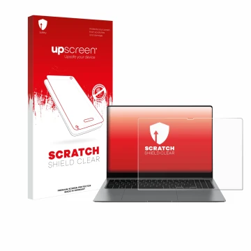 Face avant d’un emballage produit avec le logo de la marque upscreen. À côté, l’appareil Samsung Galaxy Book5 Pro 16