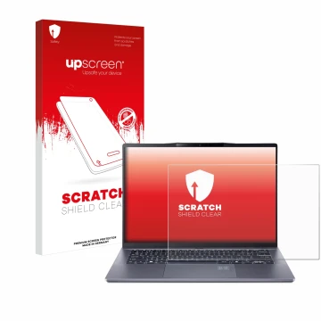 Face avant d’un emballage produit avec le logo de la marque upscreen. À côté, l’appareil Acer Swift Go 14 AI est représenté av