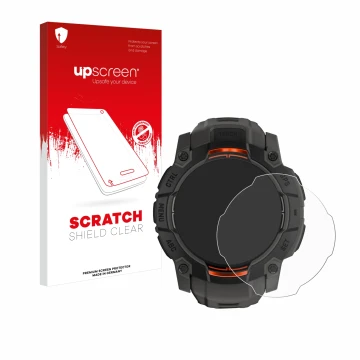 Face avant d’un emballage produit avec le logo de la marque upscreen. À côté, l’appareil Garmin Instinct 3 Solar (45 mm) est r