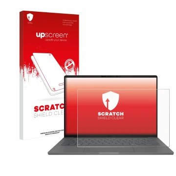 Face avant d’un emballage produit avec le logo de la marque upscreen. À côté, l’appareil ASUS ZenBook A14 UX3407 est représent