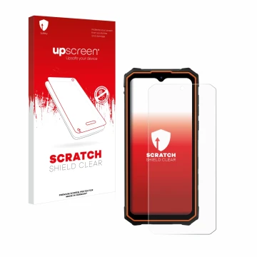 Face avant d’un emballage produit avec le logo de la marque upscreen. À côté, l’appareil Hotwav Cyber 13 est représenté avec l