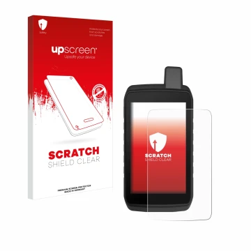 Face avant d’un emballage produit avec le logo de la marque upscreen. À côté, l’appareil Garmin Montana 710 est représenté ave
