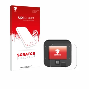 Face avant d’un emballage produit avec le logo de la marque upscreen. À côté, l’appareil ISDT Q6 Retro est représenté avec la 