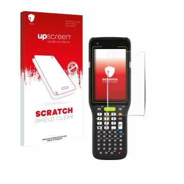 Face avant d’un emballage produit avec le logo de la marque upscreen. À côté, l’appareil Zebra MC3400 est représenté avec la p