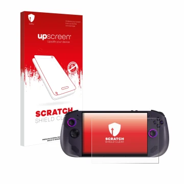 Face avant d’un emballage produit avec le logo de la marque upscreen. À côté, l’appareil Lenovo Legion Go S est représenté ave