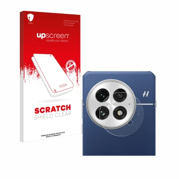 Face avant d’un emballage produit avec le logo de la marque upscreen. À côté, l’appareil OnePlus 13 (Caméra UNIQUEMENT) est re