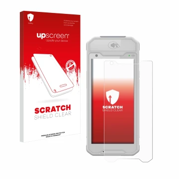 Face avant d’un emballage produit avec le logo de la marque upscreen. À côté, l’appareil Dojo Pocket est représenté avec la pr