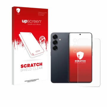 Face avant d’un emballage produit avec le logo de la marque upscreen. À côté, l’appareil Samsung Galaxy S25 (Avant+Caméra) est