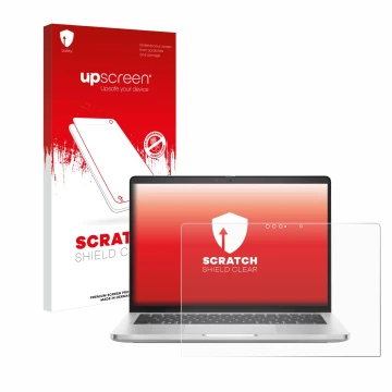 Face avant d’un emballage produit avec le logo de la marque upscreen. À côté, l’appareil Dell Pro 14 Plus 2-in-1 PB14250 est r