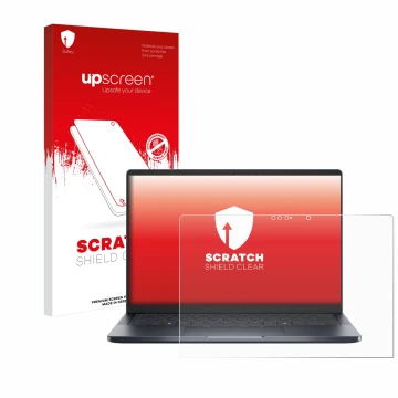 Face avant d’un emballage produit avec le logo de la marque upscreen. À côté, l’appareil Dell Pro 14 Premium PA14250 Touch est