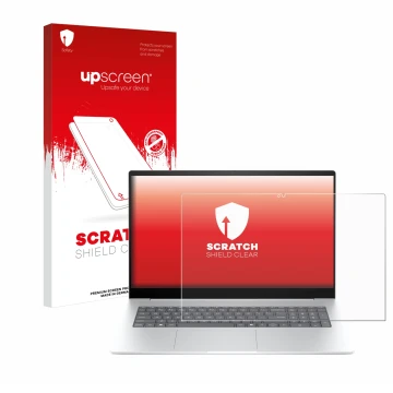 Face avant d’un emballage produit avec le logo de la marque upscreen. À côté, l’appareil HP Envy 17-da0777ng est représenté av