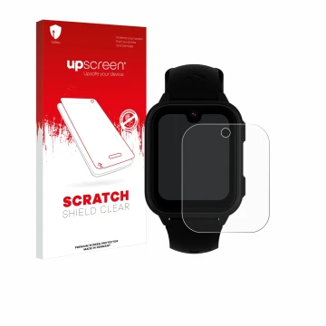 Face avant d’un emballage produit avec le logo de la marque upscreen. À côté, l’appareil Garett Kids Vibe 4G est représenté av