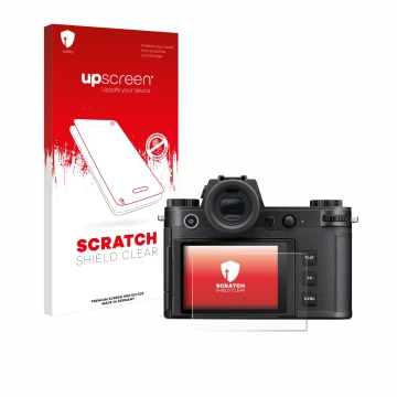 Face avant d’un emballage produit avec le logo de la marque upscreen. À côté, l’appareil Leica SL3-S est représenté avec la pr