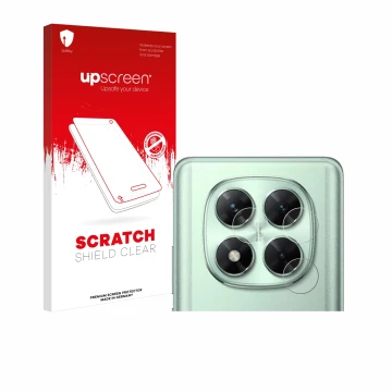 Face avant d’un emballage produit avec le logo de la marque upscreen. À côté, l’appareil Xiaomi Poco X7 (Caméra UNIQUEMENT) es