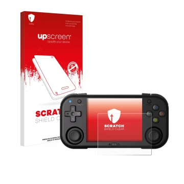 Face avant d’un emballage produit avec le logo de la marque upscreen. À côté, l’appareil Magicx Mini Zero 28 est représenté av