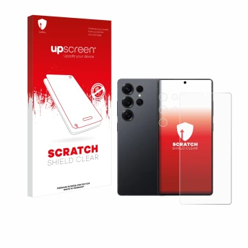 Face avant d’un emballage produit avec le logo de la marque upscreen. À côté, l’appareil Samsung Galaxy S25 Ultra (Avant+Camér