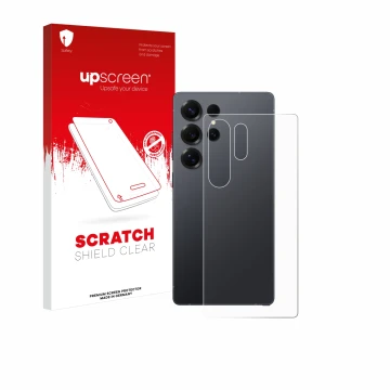 Face avant d’un emballage produit avec le logo de la marque upscreen. À côté, l’appareil Samsung Galaxy S25 Ultra (Arrière) es