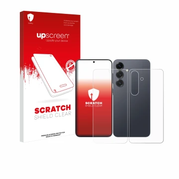 Face avant d’un emballage produit avec le logo de la marque upscreen. À côté, l’appareil Samsung Galaxy S25 (Avant+Arrière) es