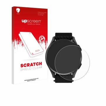 Face avant d’un emballage produit avec le logo de la marque upscreen. À côté, l’appareil Garmin Approach S50 est représenté av