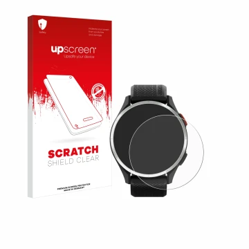 Face avant d’un emballage produit avec le logo de la marque upscreen. À côté, l’appareil Garmin Approach S44 est représenté av