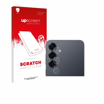 Face avant d’un emballage produit avec le logo de la marque upscreen. À côté, l’appareil Samsung Galaxy S25 Plus (Caméra UNIQU