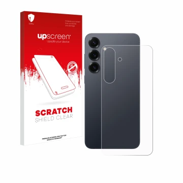 Face avant d’un emballage produit avec le logo de la marque upscreen. À côté, l’appareil Samsung Galaxy S25 Plus (Arrière) est