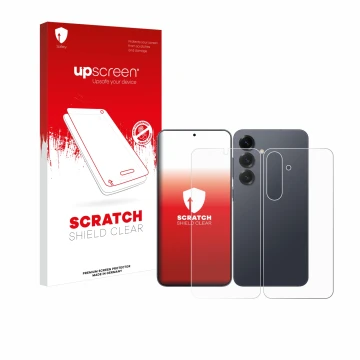 Face avant d’un emballage produit avec le logo de la marque upscreen. À côté, l’appareil Samsung Galaxy S25 Plus (Avant+Arrièr
