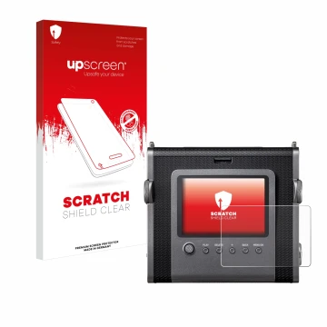 Face avant d’un emballage produit avec le logo de la marque upscreen. À côté, l’appareil Fujifilm Instax Wide Evo est représen