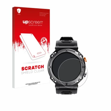 Face avant d’un emballage produit avec le logo de la marque upscreen. À côté, l’appareil Darmowade Smartwatch 1.39