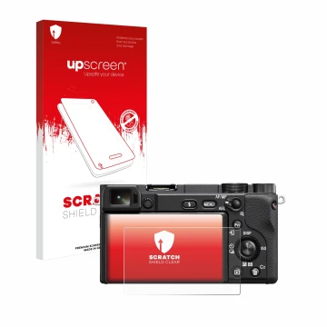 Face avant d’un emballage produit avec le logo de la marque upscreen. À côté, l’appareil Sony Alpha 6100A est représenté avec 