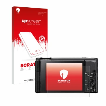 Face avant d’un emballage produit avec le logo de la marque upscreen. À côté, l’appareil Sony ZV-1A est représenté avec la pro