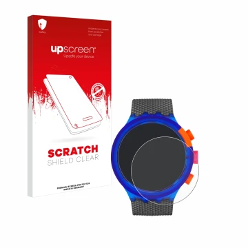 Face avant d’un emballage produit avec le logo de la marque upscreen. À côté, l’appareil Swatch Neon Party est représenté avec