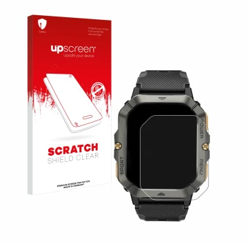 Face avant d’un emballage produit avec le logo de la marque upscreen. À côté, l’appareil Banlvs Smartwatch 2.02