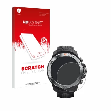 Face avant d’un emballage produit avec le logo de la marque upscreen. À côté, l’appareil Xiaomi Mibro GS Explorer est représen