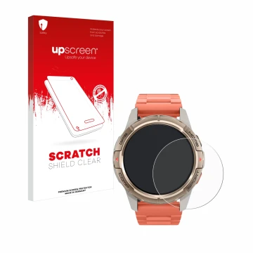 Face avant d’un emballage produit avec le logo de la marque upscreen. À côté, l’appareil Xiaomi Mibro GS Active est représenté