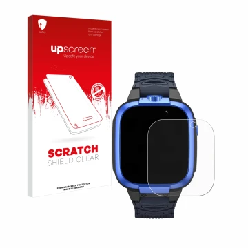 Face avant d’un emballage produit avec le logo de la marque upscreen. À côté, l’appareil Xiaomi Mibro Kids Z3 est représenté a