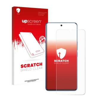 Face avant d’un emballage produit avec le logo de la marque upscreen. À côté, l’appareil Vivo V50 est représenté avec la prote