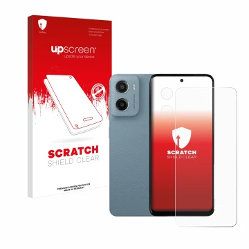 Face avant d’un emballage produit avec le logo de la marque upscreen. À côté, l’appareil Motorola Moto E15 (Avant+Caméra) est 