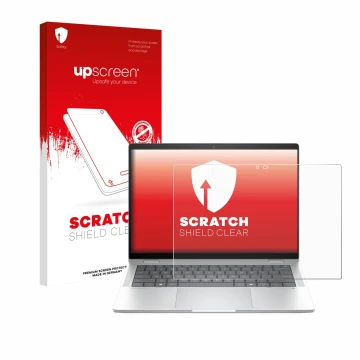 Face avant d’un emballage produit avec le logo de la marque upscreen. À côté, l’appareil HP EliteBook X Flip G1i 14