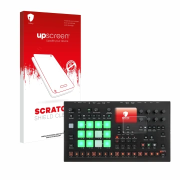 Face avant d’un emballage produit avec le logo de la marque upscreen. À côté, l’appareil Elektron Analog Rytm MKII est représe