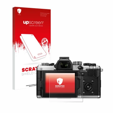 Face avant d’un emballage produit avec le logo de la marque upscreen. À côté, l’appareil OM System OM-3 est représenté avec la