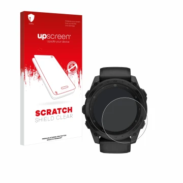 Face avant d’un emballage produit avec le logo de la marque upscreen. À côté, l’appareil Garmin Tactix 8 AMOLED (51 mm) est re