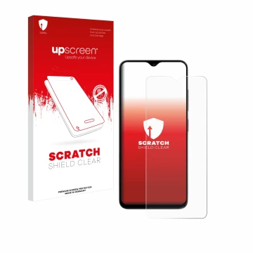 Face avant d’un emballage produit avec le logo de la marque upscreen. À côté, l’appareil ZTE Blade A35e est représenté avec la