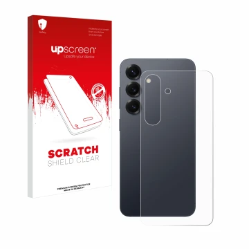 Face avant d’un emballage produit avec le logo de la marque upscreen. À côté, l’appareil Samsung Galaxy S25 Enterprise Edition