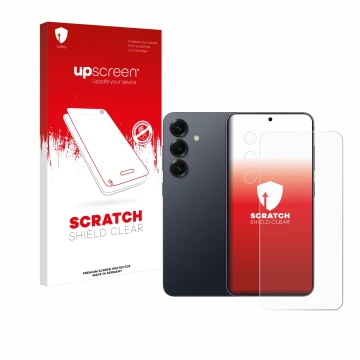 Face avant d’un emballage produit avec le logo de la marque upscreen. À côté, l’appareil Samsung Galaxy S25 Plus Enterprise Ed