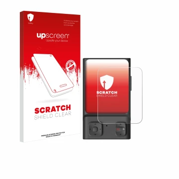 Face avant d’un emballage produit avec le logo de la marque upscreen. À côté, l’appareil Hoverair Beacon est représenté avec l