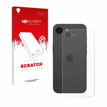 Face avant d’un emballage produit avec le logo de la marque upscreen. À côté, l’appareil Apple iPhone 16e (Arrière) est représ